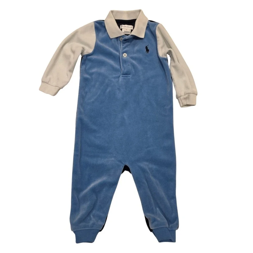 Ralph Lauren Baby Boy Coverall Blue Velour Colorblock Polo Romper 9M
